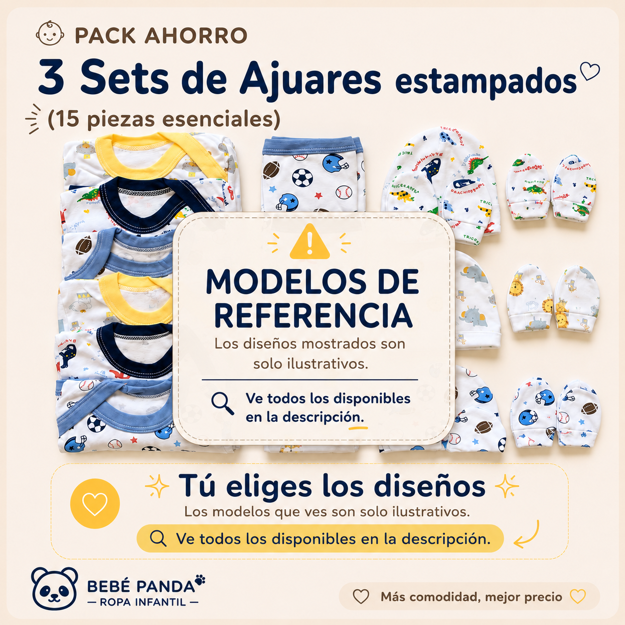 👶 Pack Ahorro 3 Sets de Ajuares estampados niños (15 piezas esenciales)