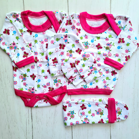 Set ajuar de 5 piezas 100% algodón para bebé - diseño floreado