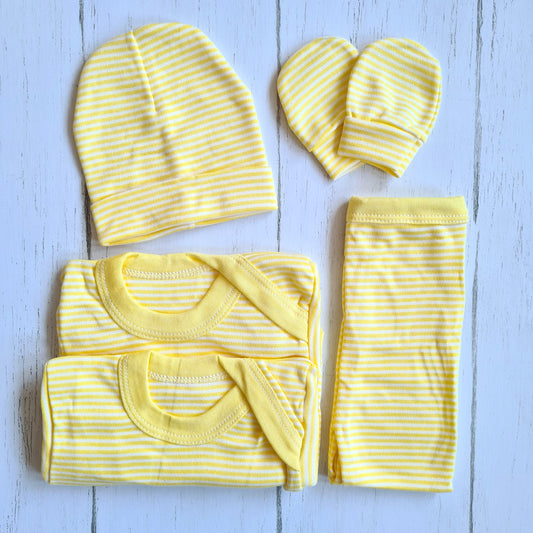 Set ajuar de 5 piezas 100% algodón para bebé - modelito rayado amarillo