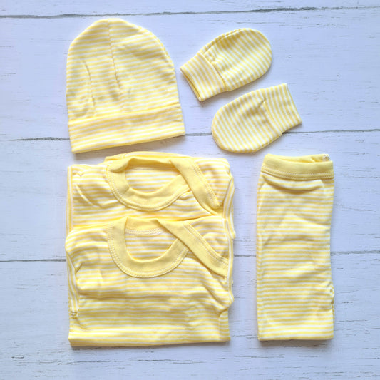 Set ajuar de 5 piezas 100% algodón para bebé - Diseño rayado amarillo