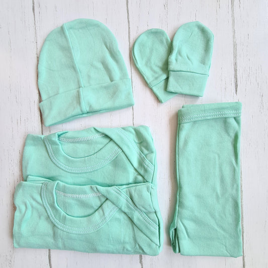 Set ajuar de 5 piezas 100% algodón para bebé - unicolor verde